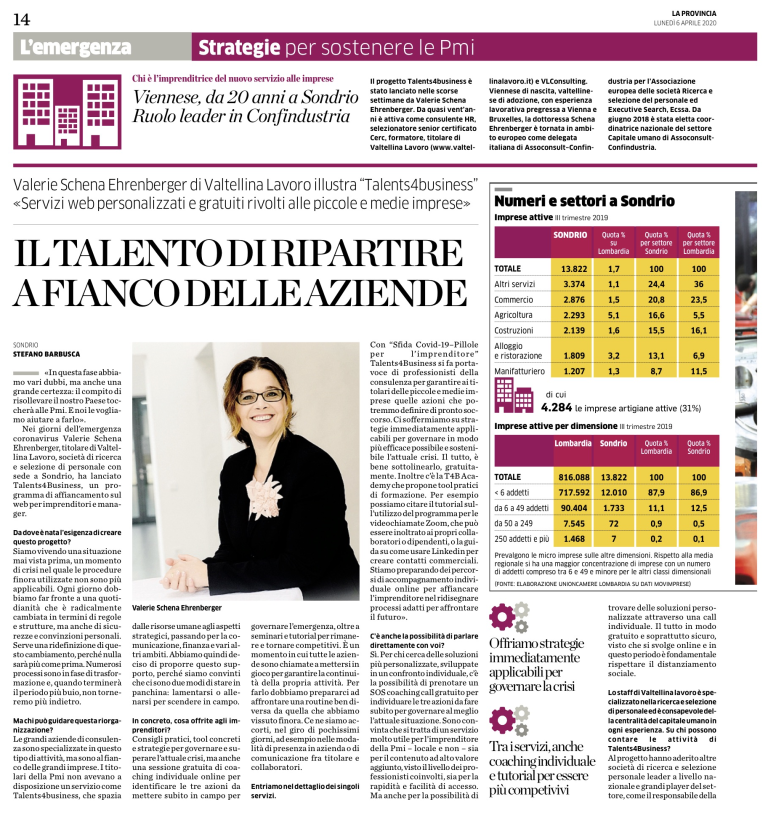 <strong>La Provincia di Sondrio, </strong>6 aprile 2020<strong>, inserto Economia</strong>